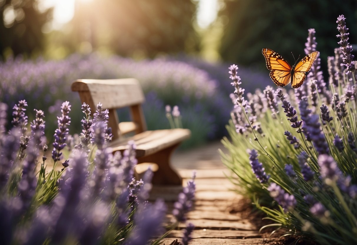 A serene lavender garden with winding pathways, blooming lavender bushes, and a rustic wooden bench surrounded by fluttering butterflies and buzzing bees