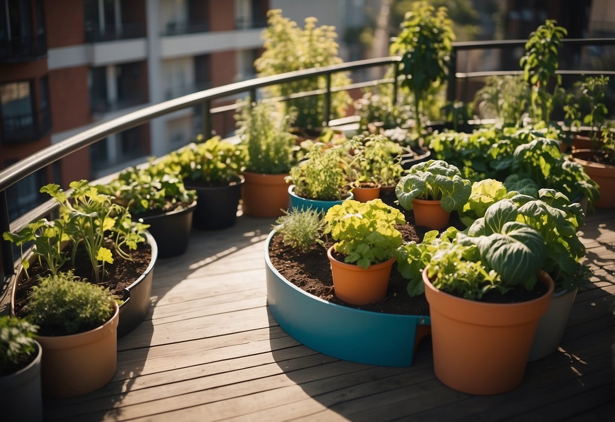 A spiral-shaped garden bed with various vegetables growing in pots and containers on a sunny apartment balcony