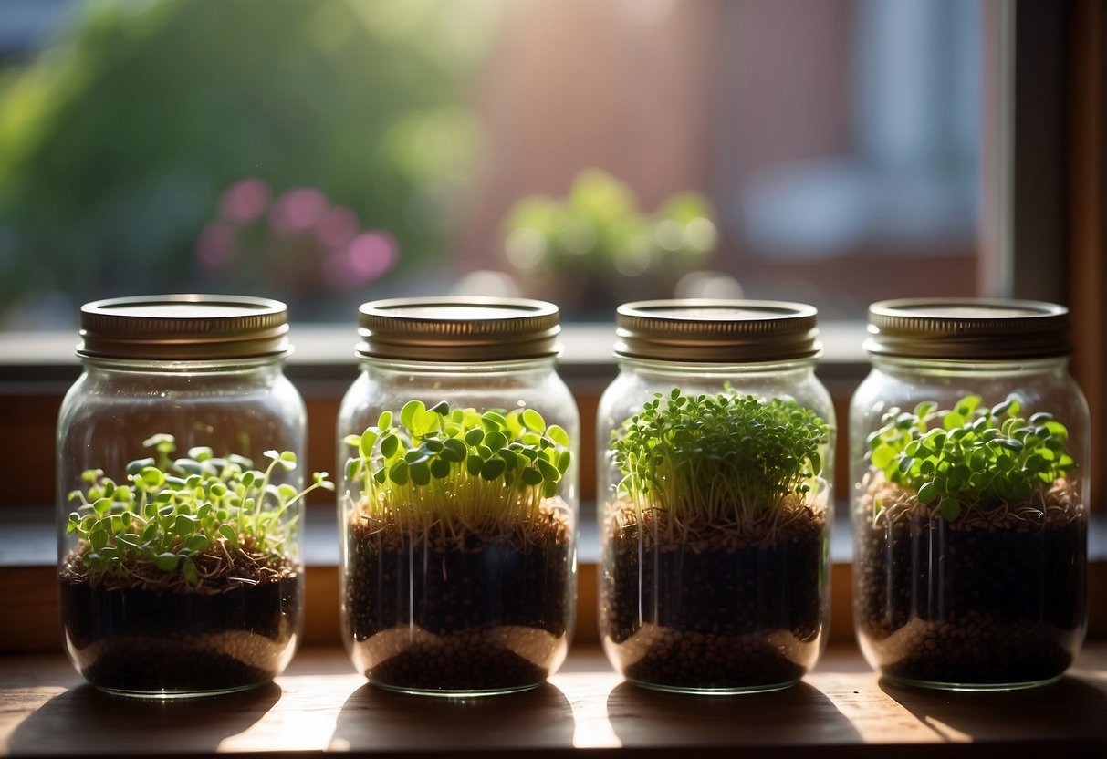 A mason jar filled with vibrant microgreens sits on a sunlit windowsill, surrounded by small pots of herbs and vegetables, creating a charming apartment vegetable garden