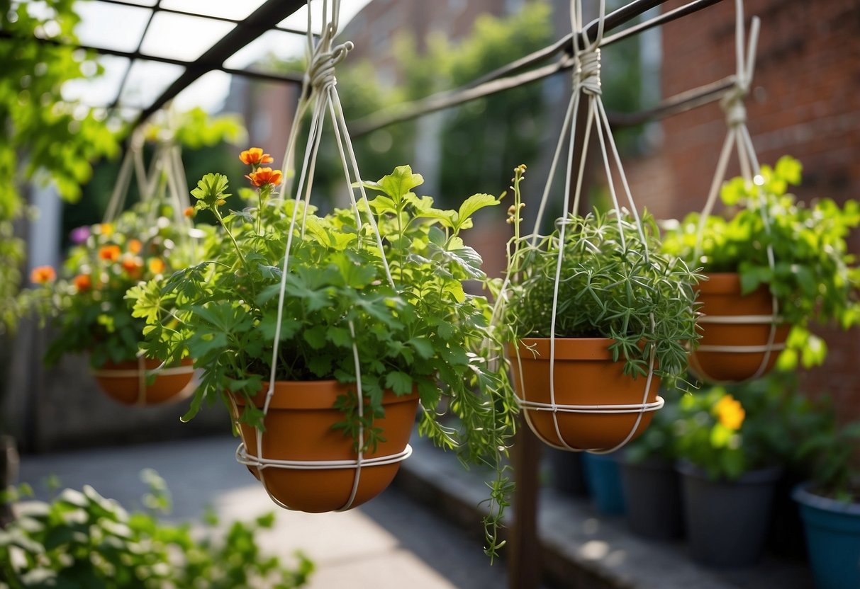 Colorful herb baskets hang from a wire trellis in an urban garden, surrounded by lush green foliage and vibrant vegetables