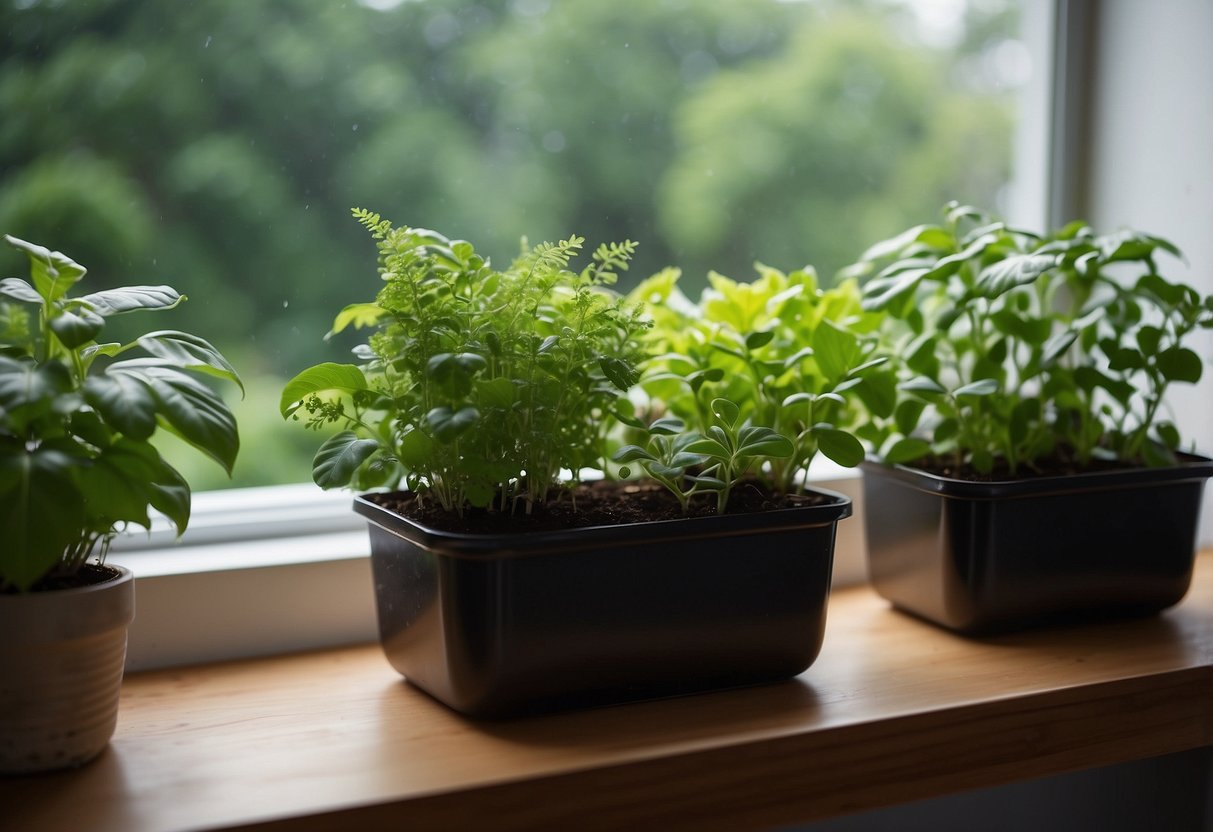 Lush green plants fill a window sill, growing in clear containers filled with water and nutrients. The urban setting outside the window contrasts with the vibrant, thriving garden within