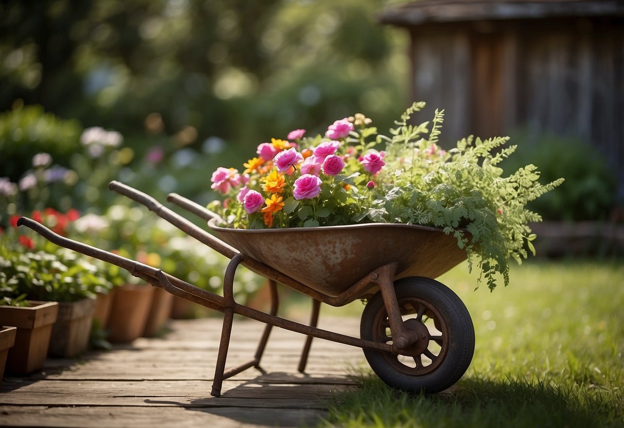 An antique wheelbarrow planter sits in a lush garden, filled with vibrant flowers and trailing greenery. The weathered wood and rusted metal exude vintage charm