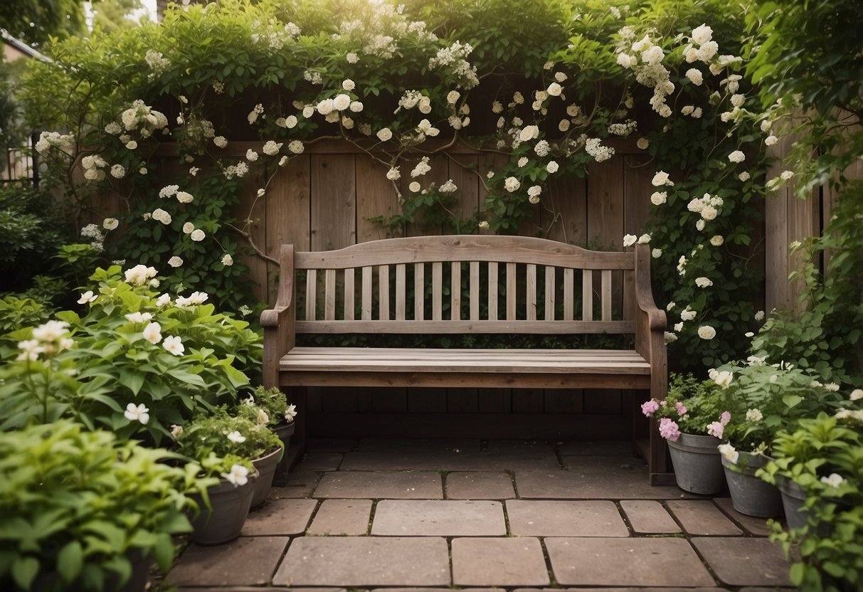 A weathered, reclaimed wood garden bench sits among lush greenery, surrounded by blooming flowers and climbing vines. Vintage garden decor accents the peaceful, rustic setting