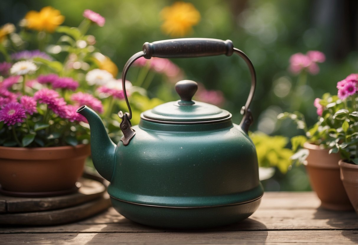 A rustic tea kettle planter sits among a variety of vintage garden items, surrounded by colorful flowers and lush greenery