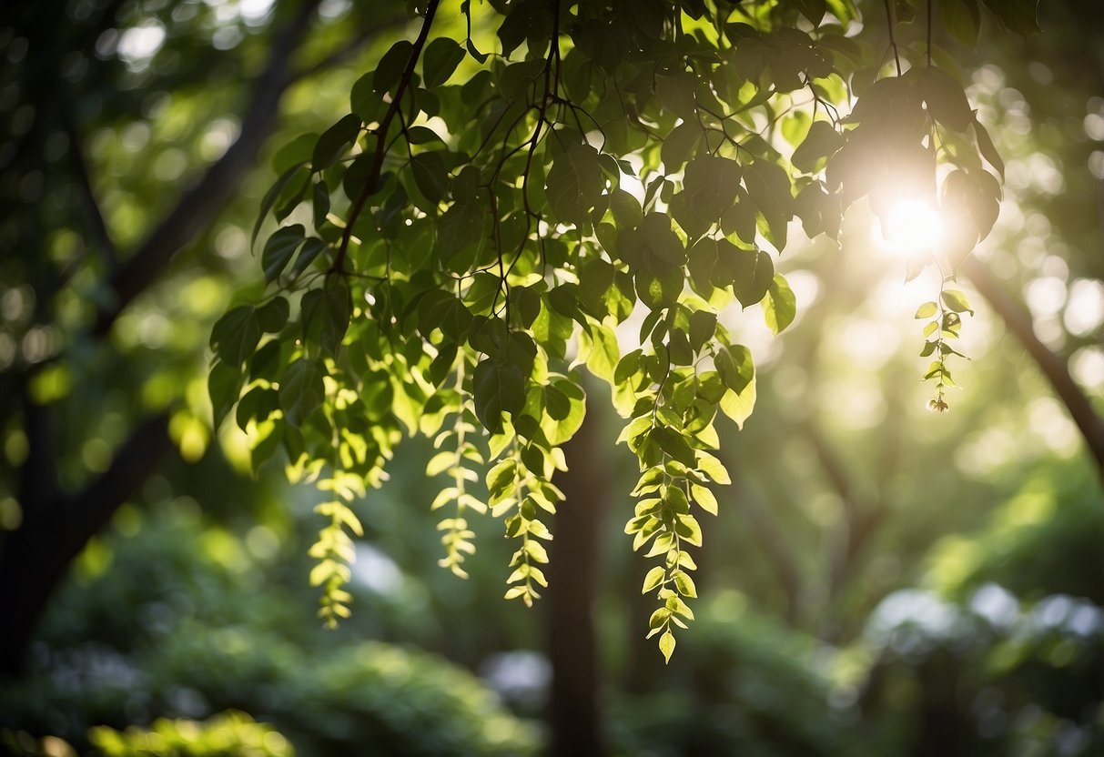 Lush garden with hanging branch chandeliers, dappled sunlight filtering through leaves, creating a magical and serene atmosphere