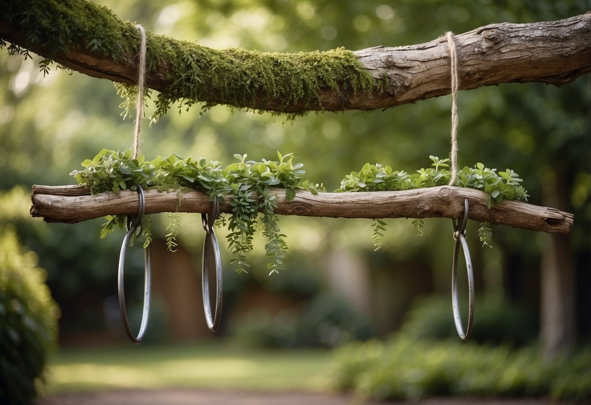 A rustic coat hanger made of tree branches, adorned with hanging plants and surrounded by a lush garden