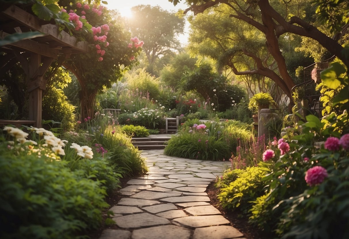 A tranquil garden scene with branches woven into various styles, from rustic to modern, amidst lush greenery and colorful flowers