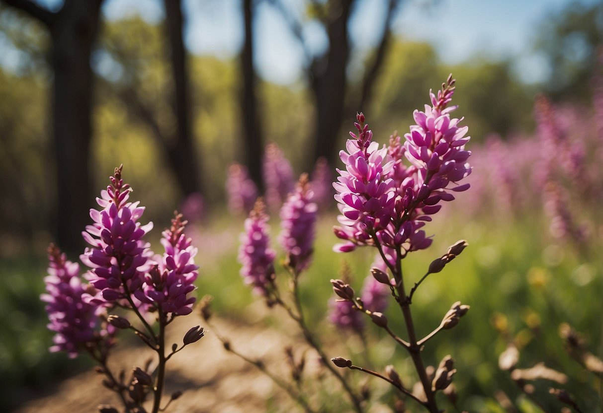 A vibrant garden with native Oklahoma Redbuds in full bloom, surrounded by native grasses and wildflowers, creating a picturesque and natural landscape