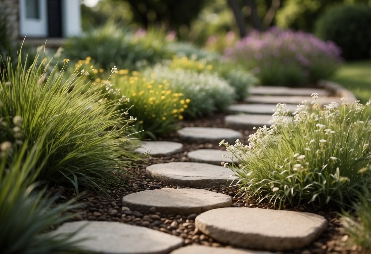 A lush buffalo grass turf fills the front garden, surrounded by native Oklahoma plants and flowers. A stone pathway winds through the greenery, leading to a welcoming front porch