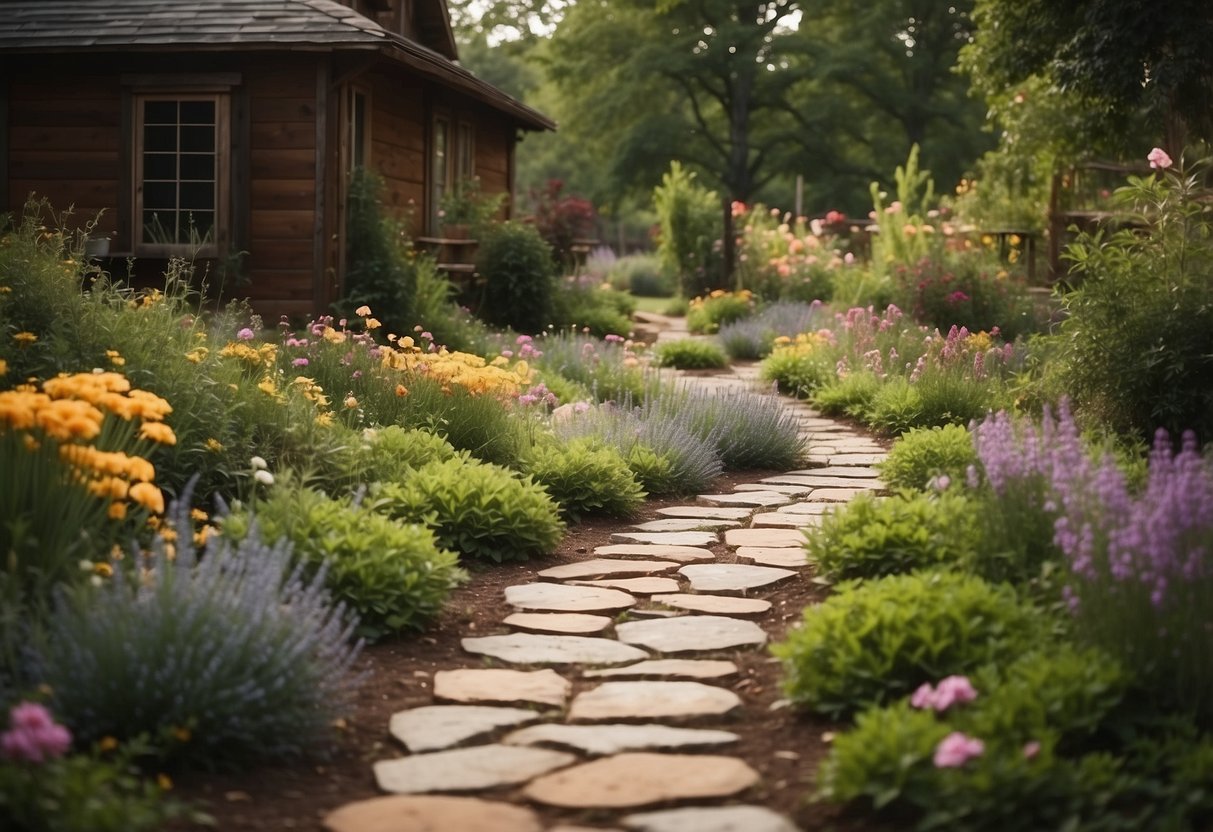 A winding stone pathway meanders through a lush garden in Oklahoma, bordered by vibrant flowers and rustic wooden accents