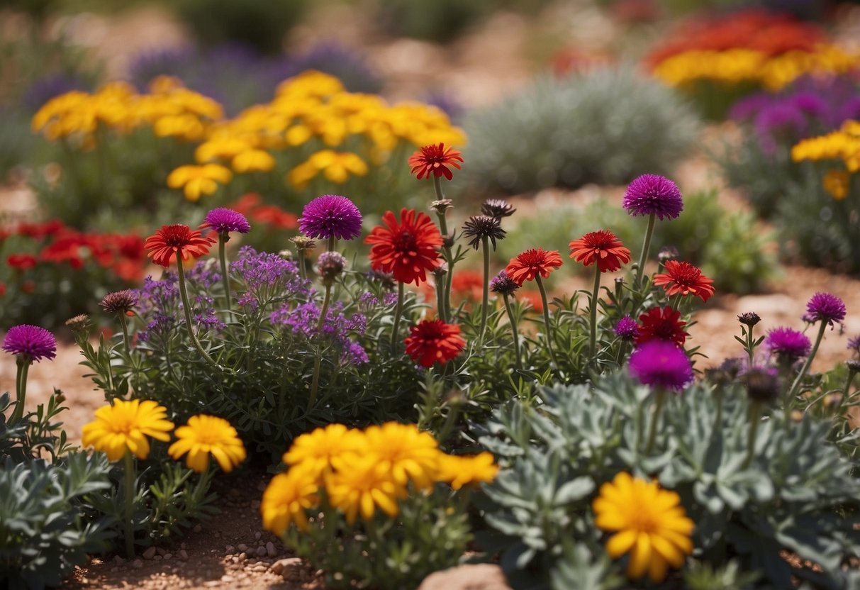 Vibrant, colorful flower beds thrive in the dry Oklahoma climate, showcasing a variety of drought-resistant plants and flowers