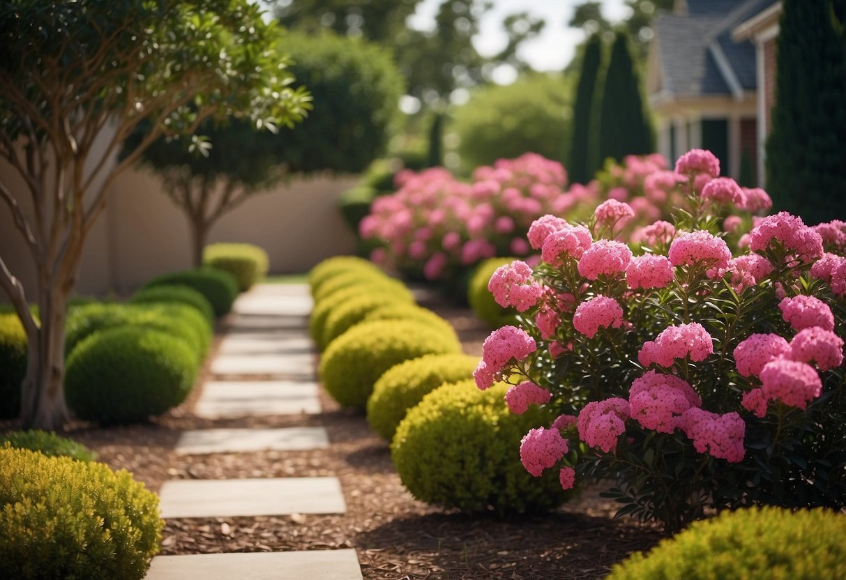 Vibrant Crepe Myrtles bloom in a well-maintained Oklahoma front garden, surrounded by neatly trimmed shrubs and a winding stone pathway