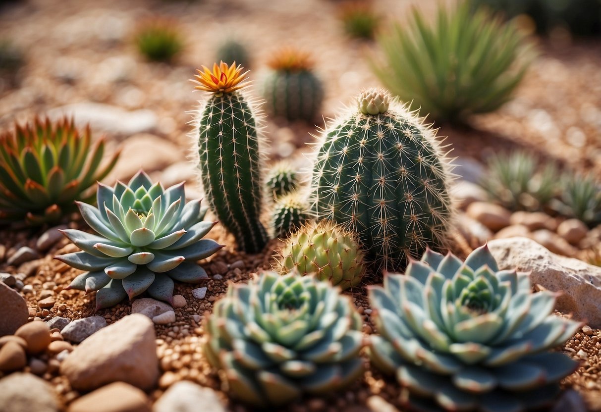 A variety of cacti and succulents arranged in a desert-themed garden in Oklahoma. Sand and rocks surround the plants, with a backdrop of blue skies and red clay soil