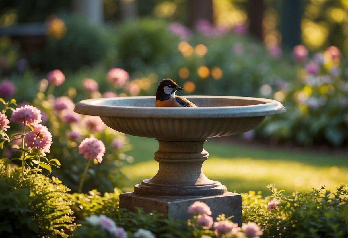 A bird bath sits in the center of a lush garden, surrounded by colorful flowers and greenery. The Oklahoma sun shines down, casting a warm glow on the peaceful scene