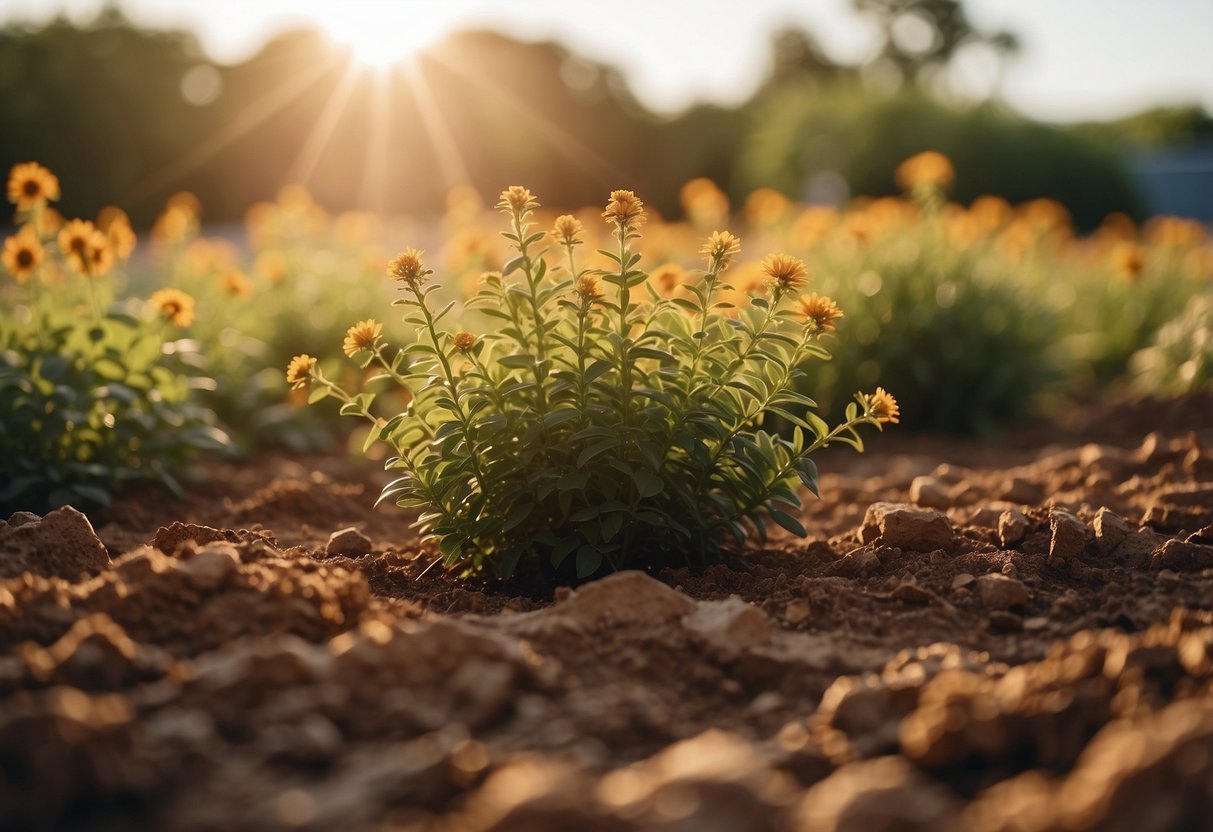 A sunny Oklahoma front garden with drought-resistant plants, red clay soil, and a blue sky backdrop