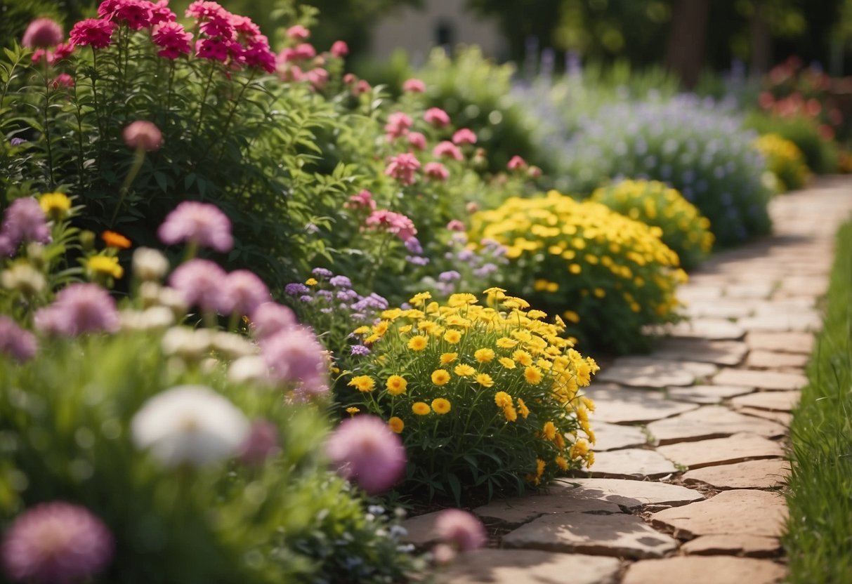 Lush green plants and colorful flowers line the pathway leading to a charming front garden in Oklahoma, with a mix of native and ornamental species creating a beautiful and welcoming landscape