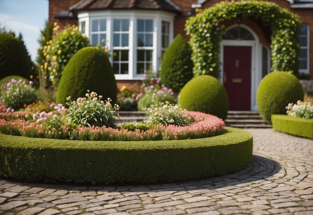 A well-maintained front garden with colorful flowers, neatly trimmed hedges, and a winding stone pathway leading to the front door