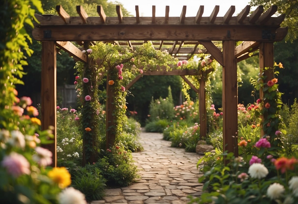 A rustic wooden pergola stands in a lush garden, adorned with climbing vines and surrounded by blooming flowers and greenery