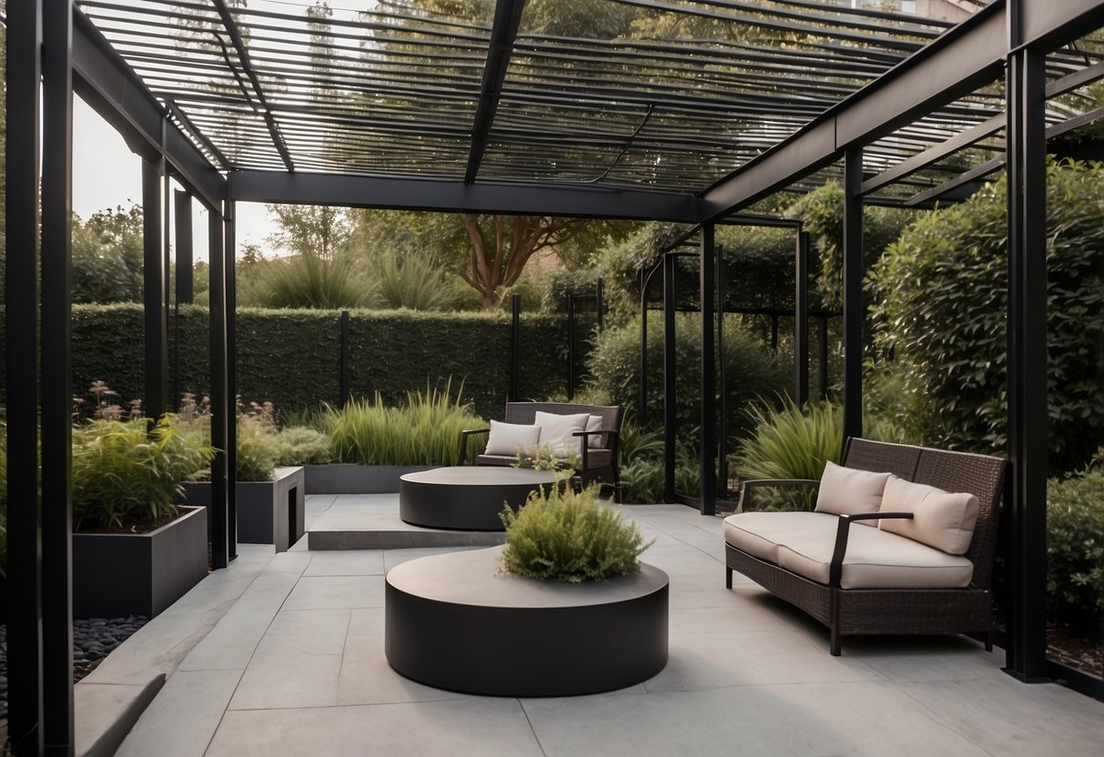 A sleek metal pergola stands in a modern garden, its clean lines and minimalist design creating a contemporary outdoor space