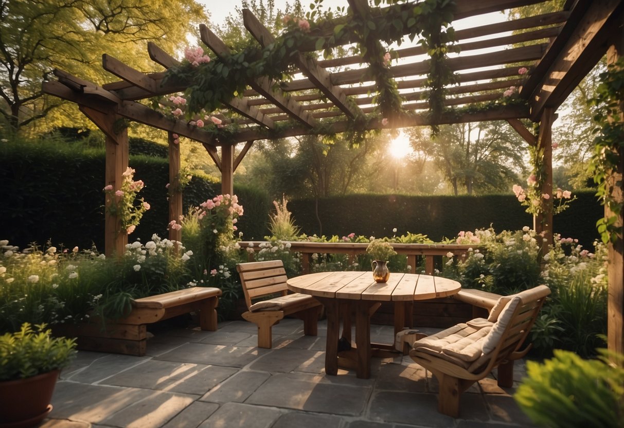 A pergola with built-in seating surrounded by lush greenery and blooming flowers. A cozy and inviting space for relaxation and outdoor gatherings