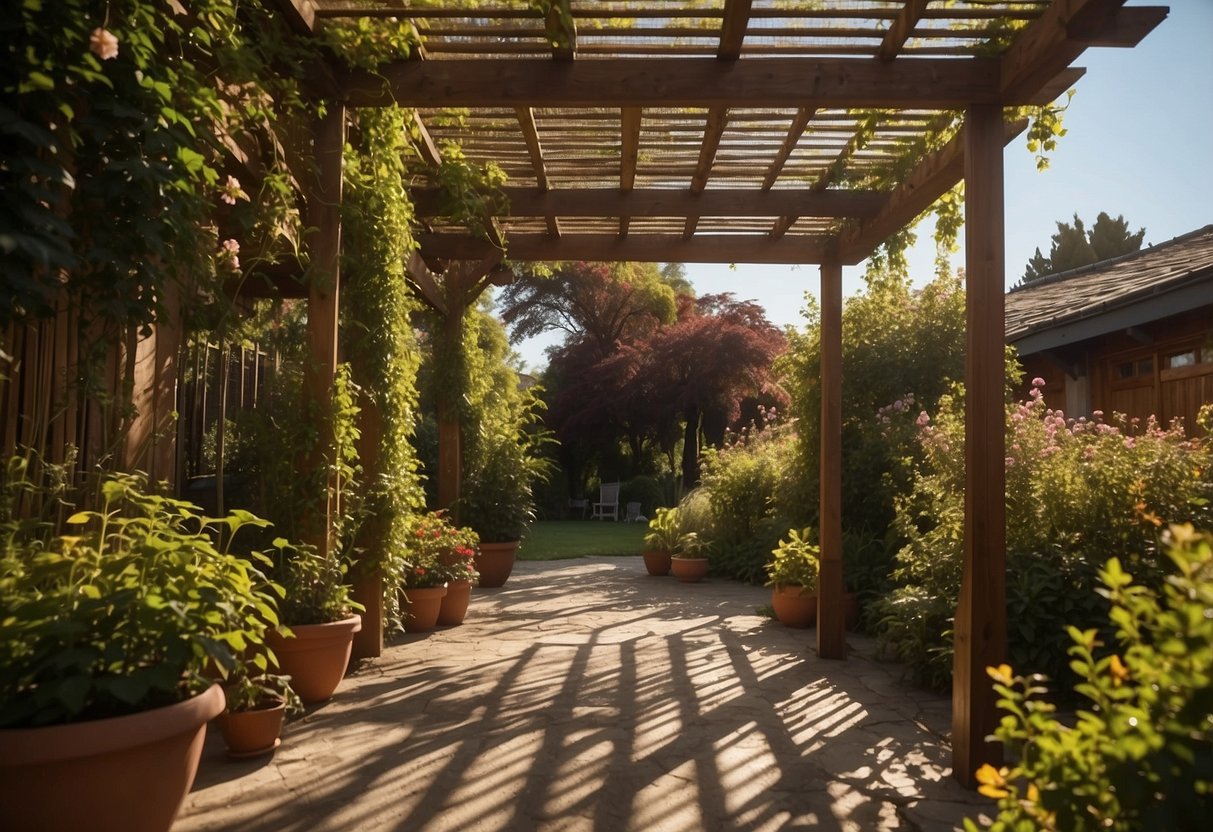 A wooden pergola stands in a lush garden, adorned with climbing vines and flowers. The sun filters through the slatted roof, casting dappled shadows on the ground