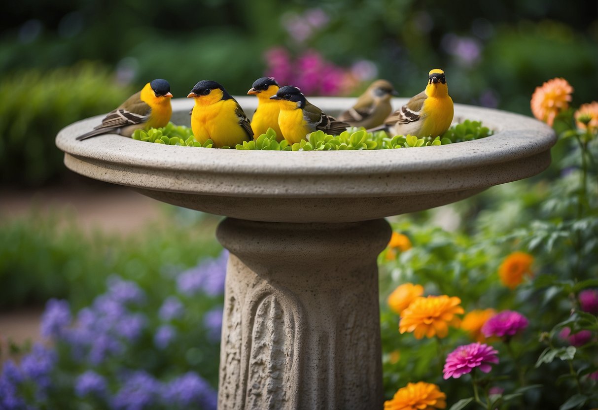 A stone birdbath stands in a lush garden, surrounded by colorful flowers and chirping birds