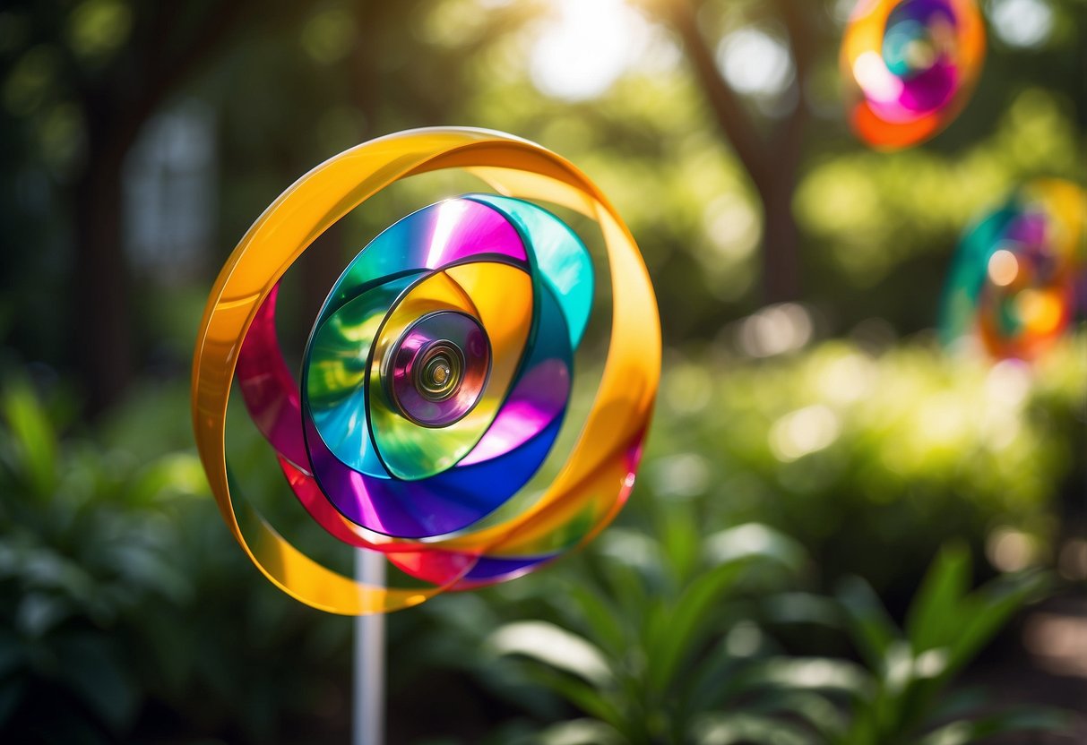 Colorful wind spinners twirl in a lush garden, reflecting sunlight and creating a mesmerizing display of movement and whimsy