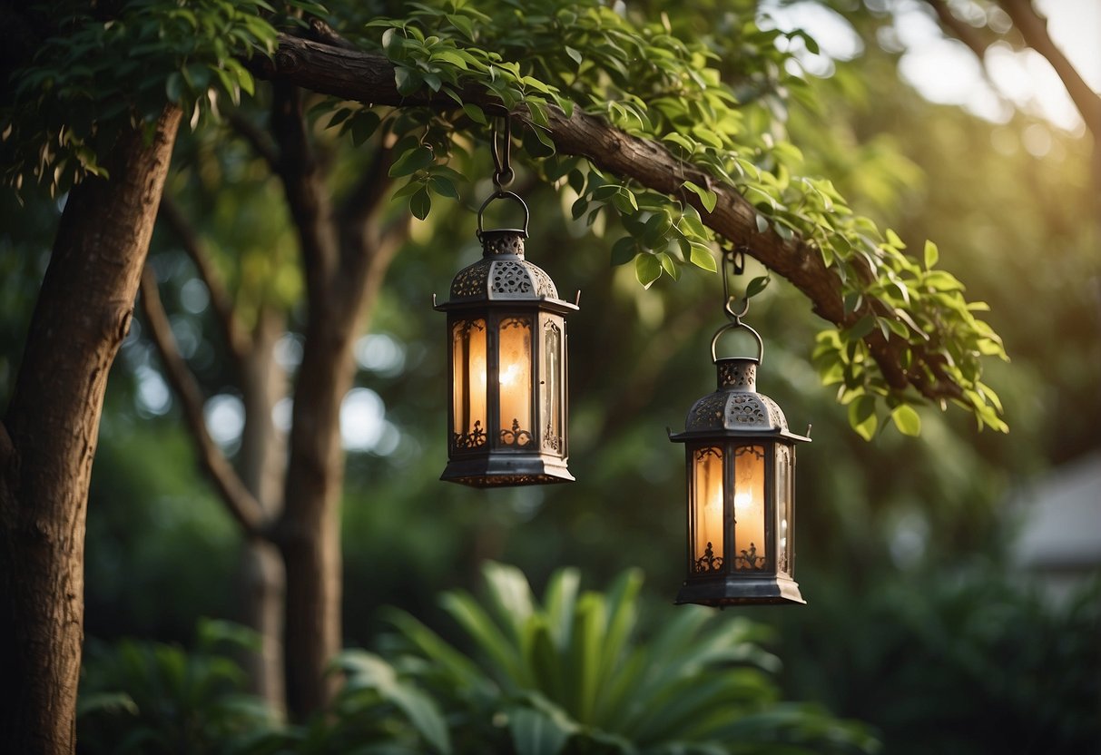 Rustic iron lanterns hang from tree branches in a lush garden, casting a warm glow over the surrounding plants and flowers