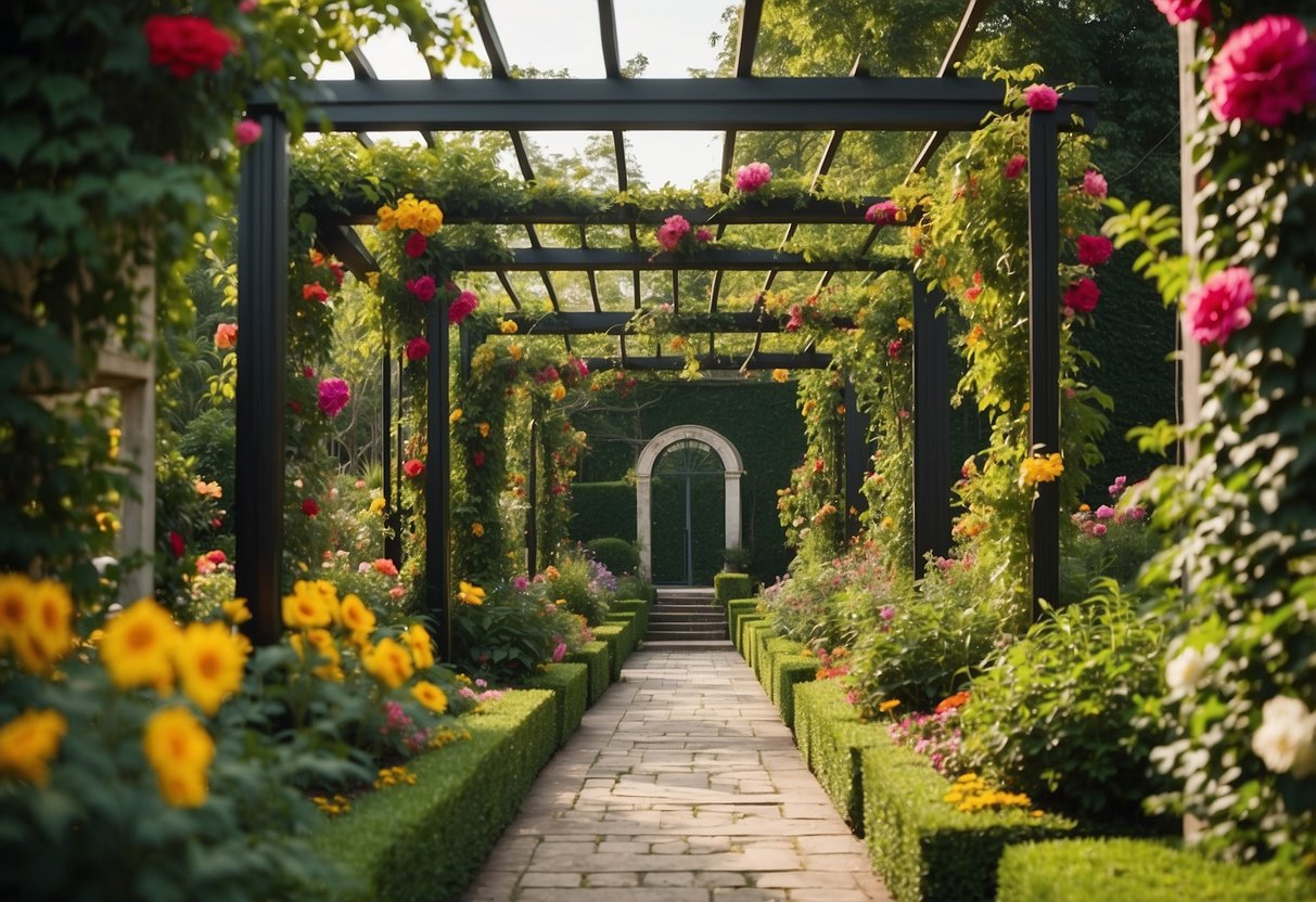 A grand garden trellis adorned with intricate designs and climbing vines, surrounded by lush greenery and colorful flowers