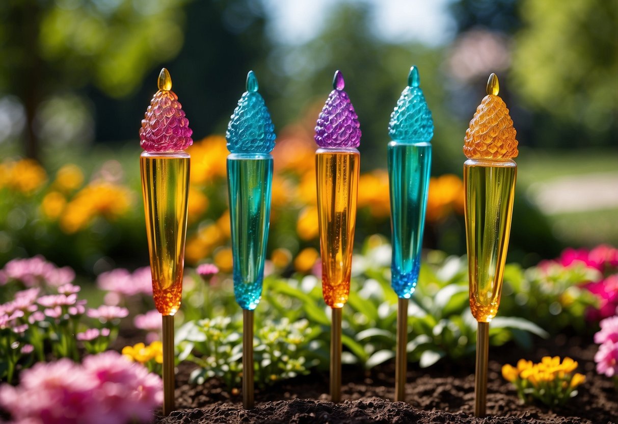 Vibrant glass garden stakes stand tall among blooming flowers, adding a pop of color and whimsy to the garden landscape