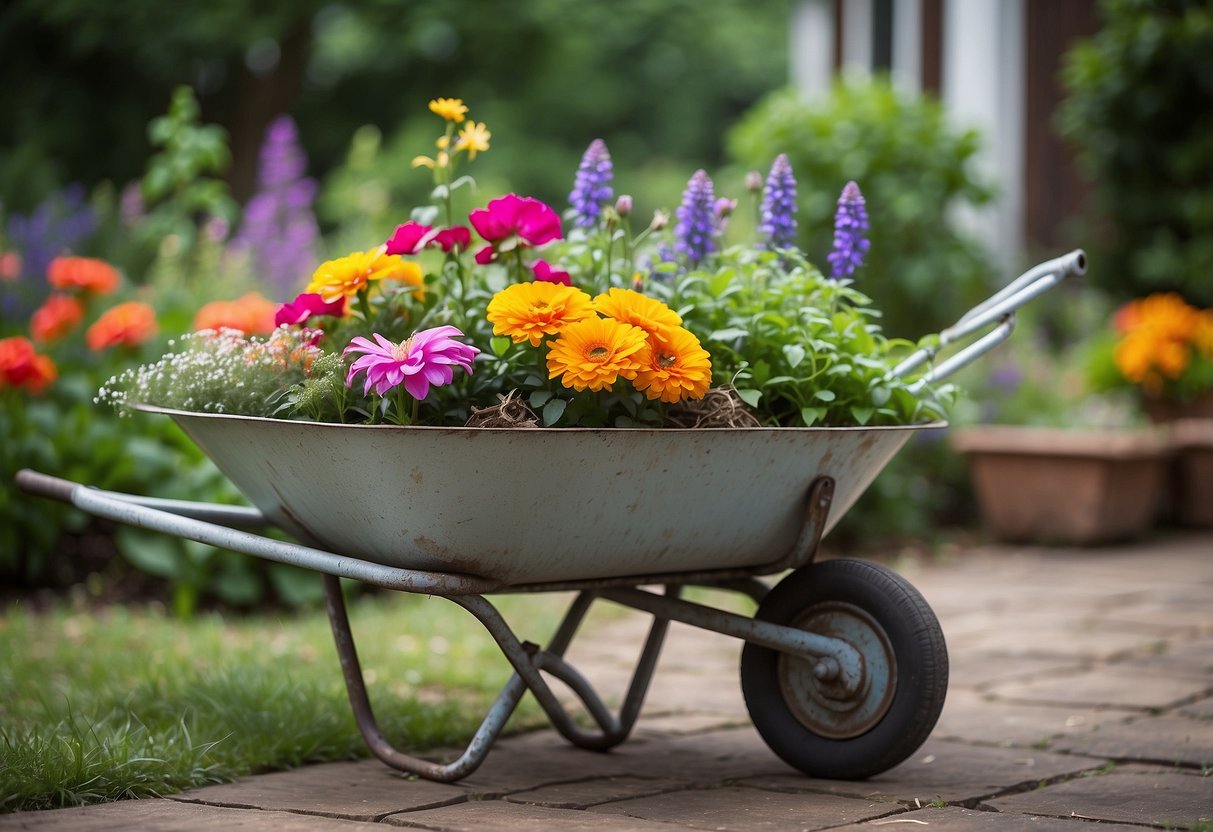 A weathered metal wheelbarrow planter sits among colorful garden ornaments, overflowing with vibrant flowers and greenery