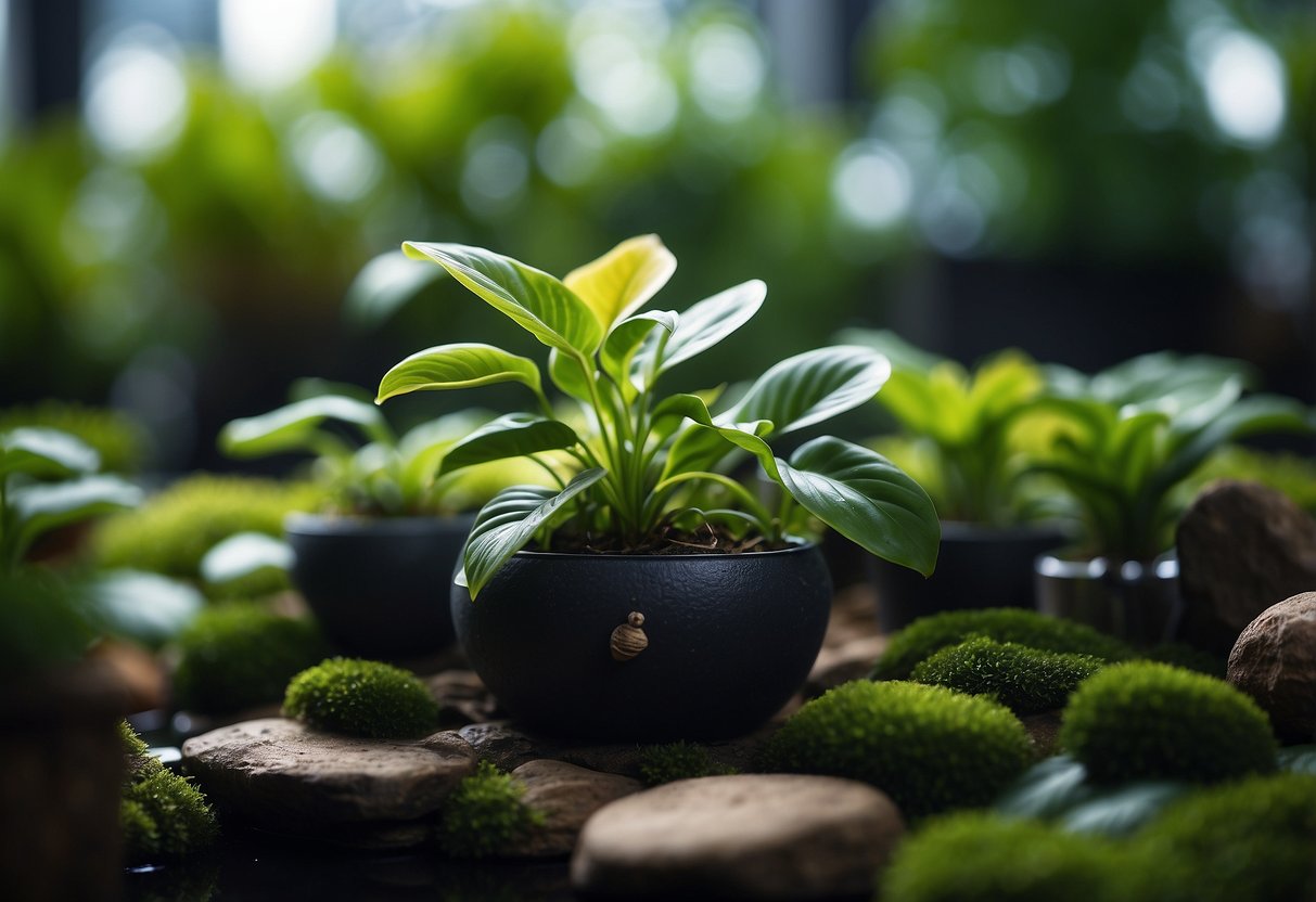 Lush Anubias Nana plants fill a serene indoor water garden, creating a peaceful and tranquil atmosphere