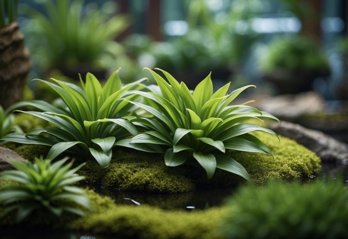 Lush green aquatic plants thrive in a serene indoor water garden, creating a tranquil and rejuvenating atmosphere