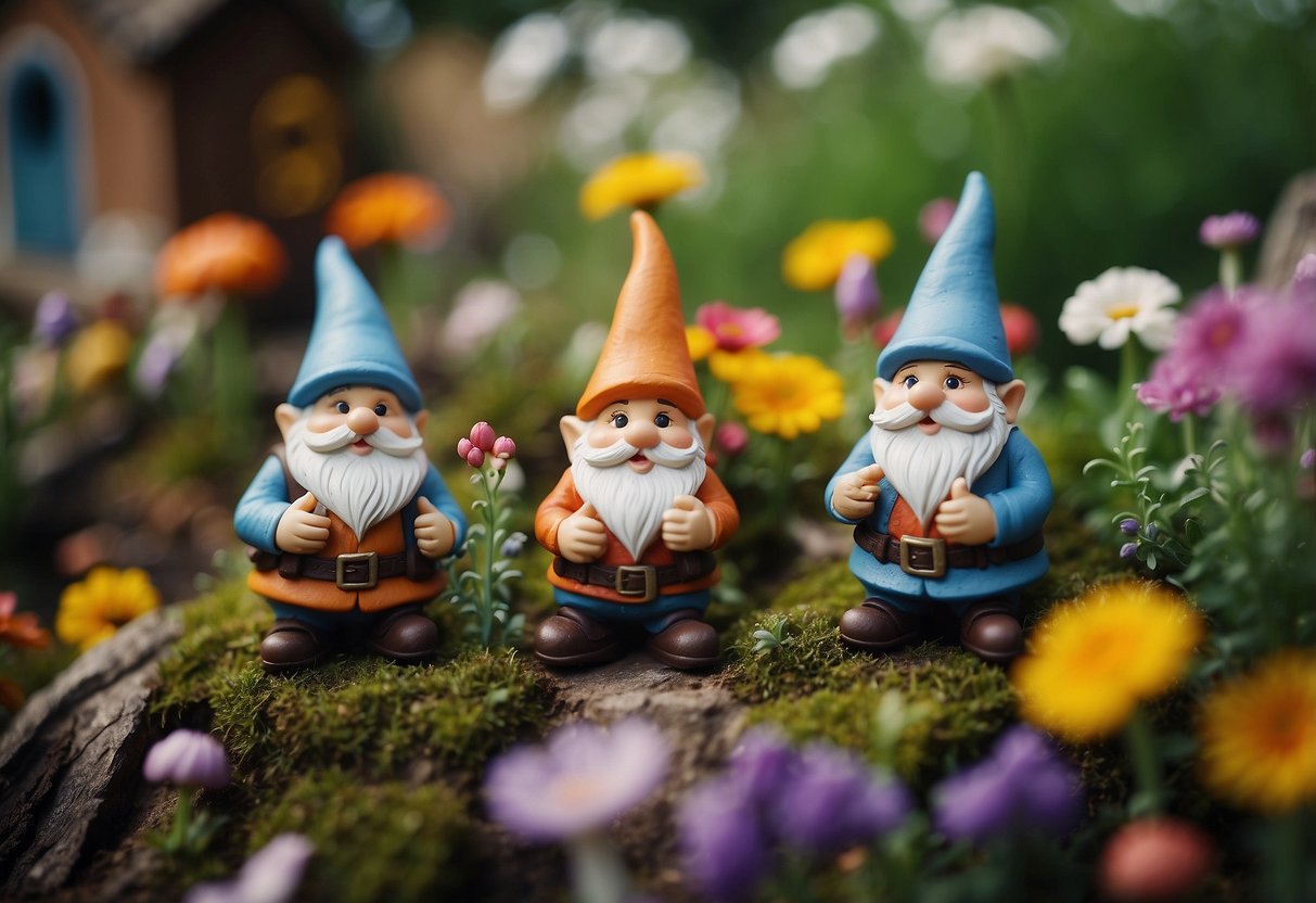 A group of charming gnomes tend to a whimsical garden, surrounded by colorful flowers and tiny mushroom houses