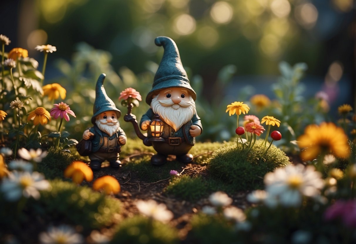 A whimsical garden with solar-powered gnome lanterns casting a warm glow among the flowers and foliage