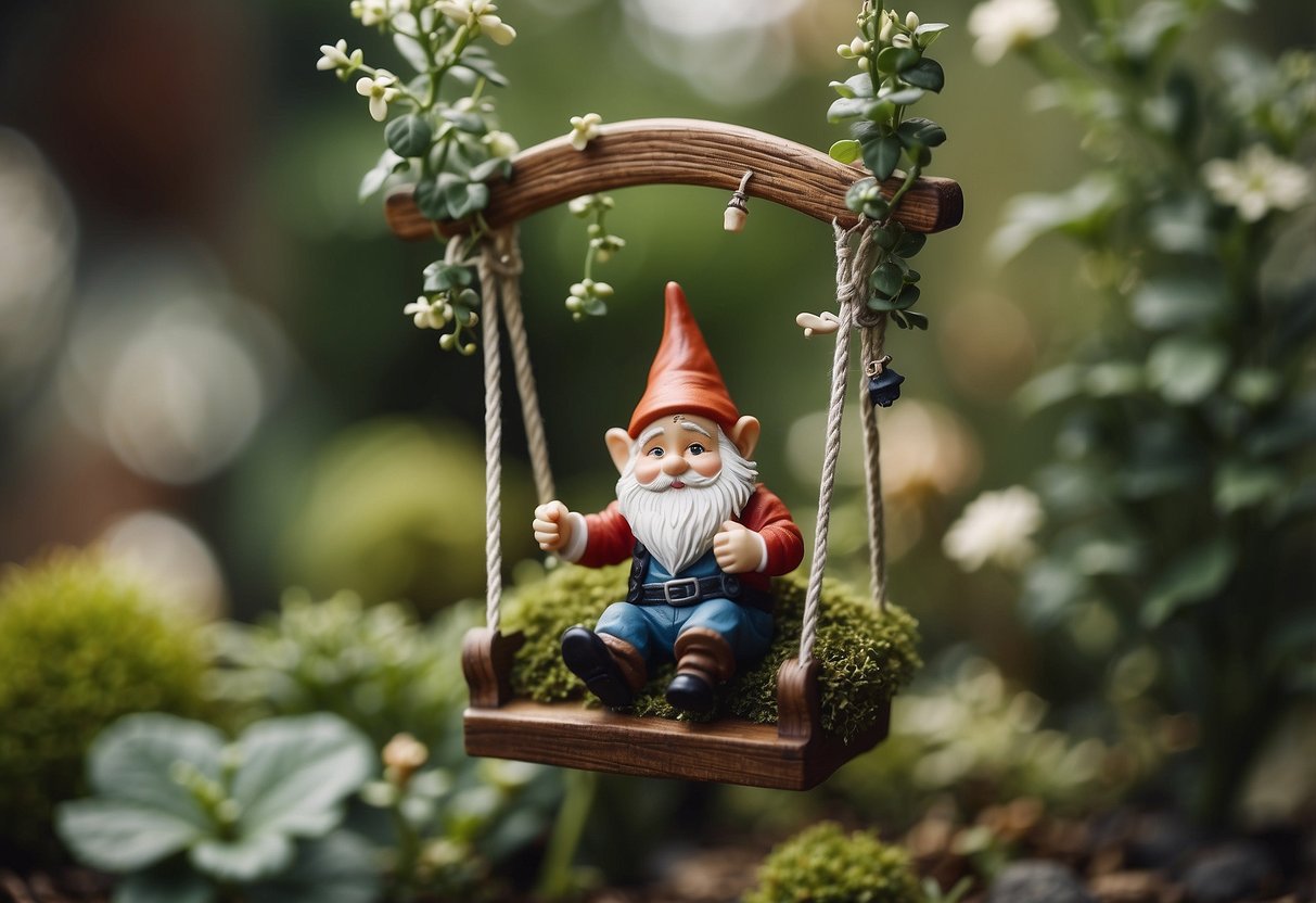 A small gnome swings from a miniature garden swing, surrounded by tiny plants and whimsical decorations