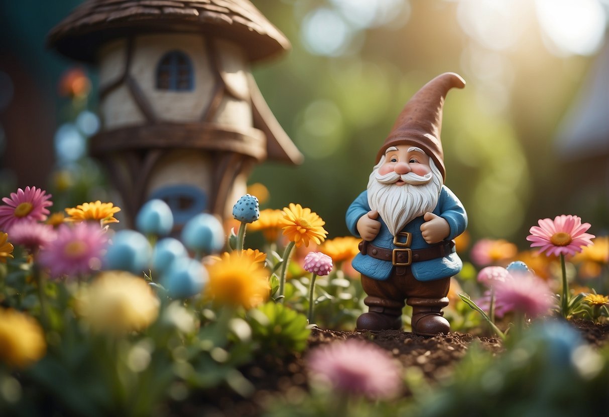 A gnome tends to a whimsical windmill in a colorful garden