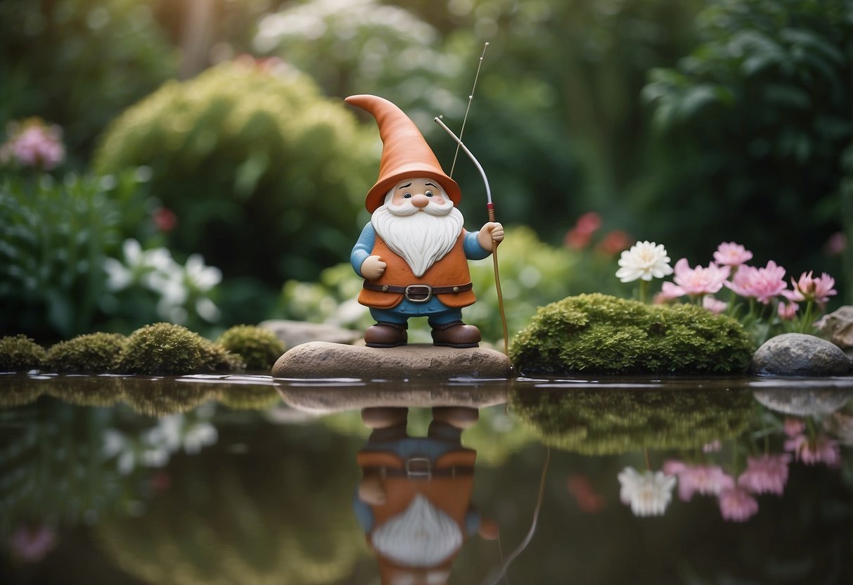 A gnome statue holds a fishing rod by a pond in a whimsical garden setting