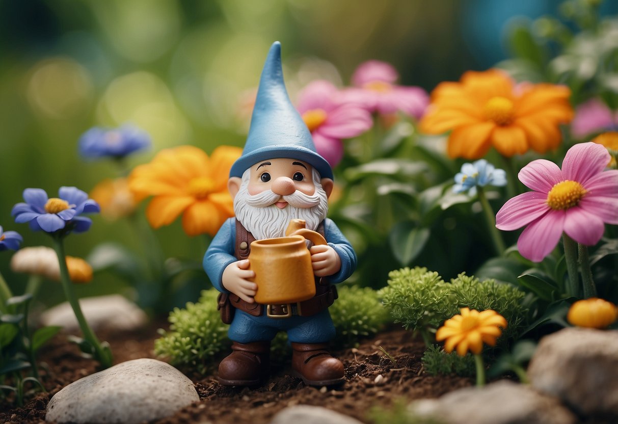 A gnome holding a water can, surrounded by colorful flowers and lush greenery in a whimsical garden setting