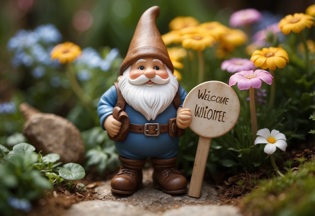 A gnome holding a "Welcome" sign, surrounded by colorful flowers and mushrooms in a whimsical garden setting