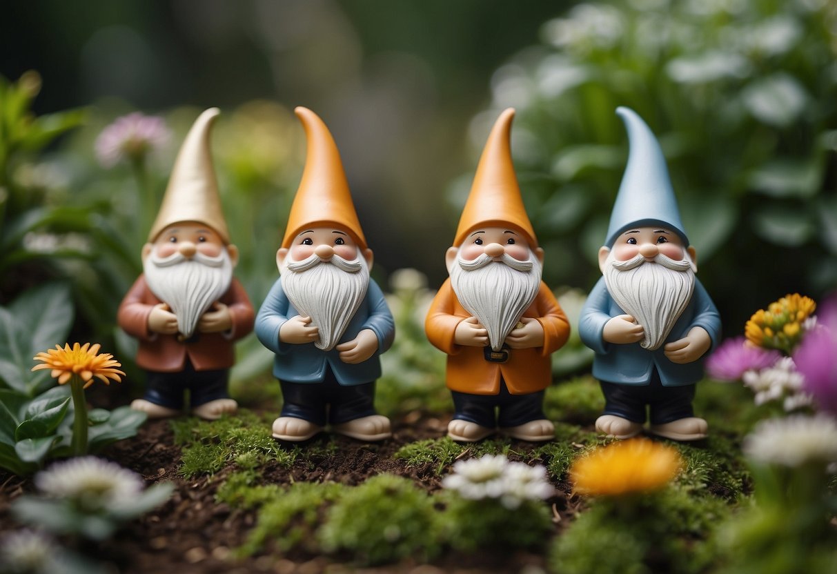 Three yoga gnome figurines in a garden, each in a different yoga pose, surrounded by plants and flowers