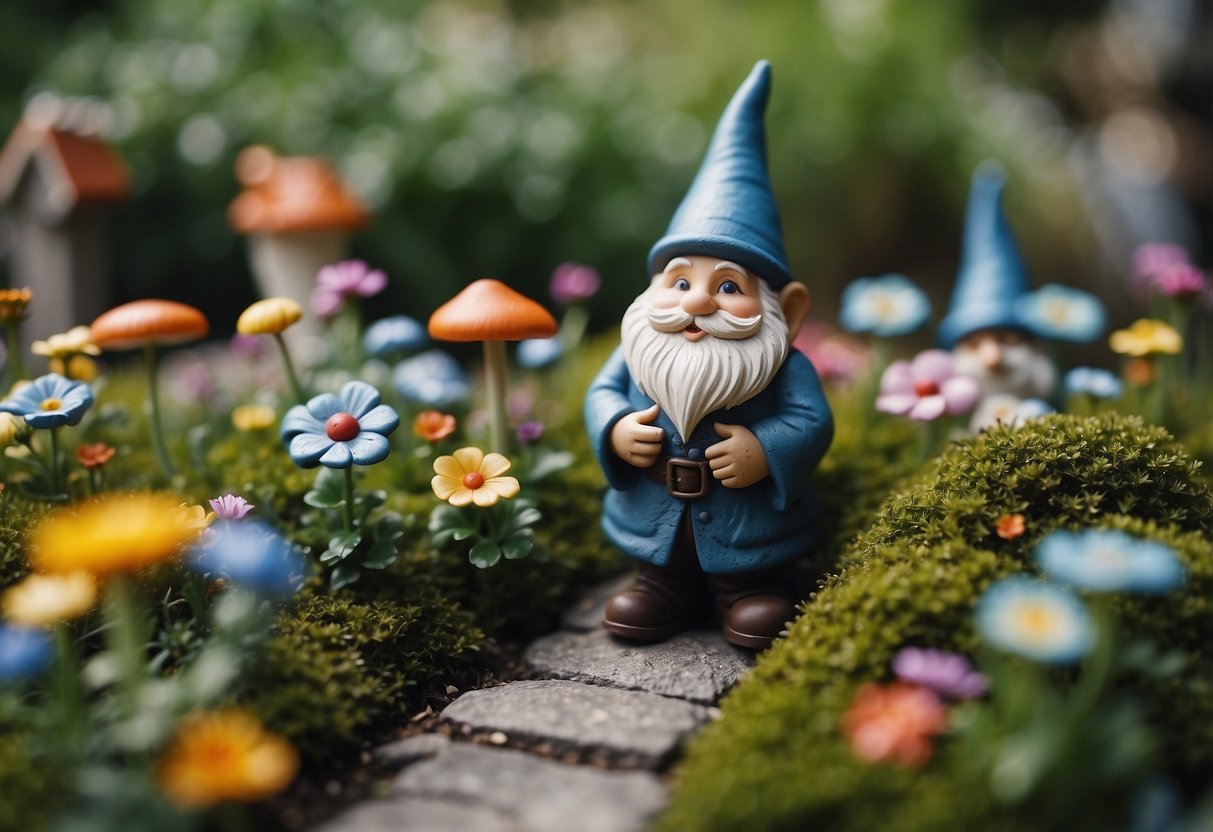 A gnome garden with colorful flowers, winding paths, and whimsical gnome statues nestled among the greenery