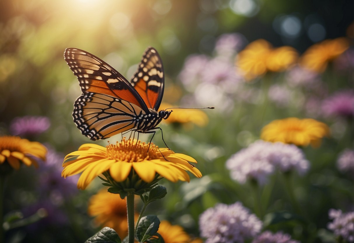 A colorful butterfly garden blooms without pesticides. Flowers sway in the breeze, attracting fluttering butterflies