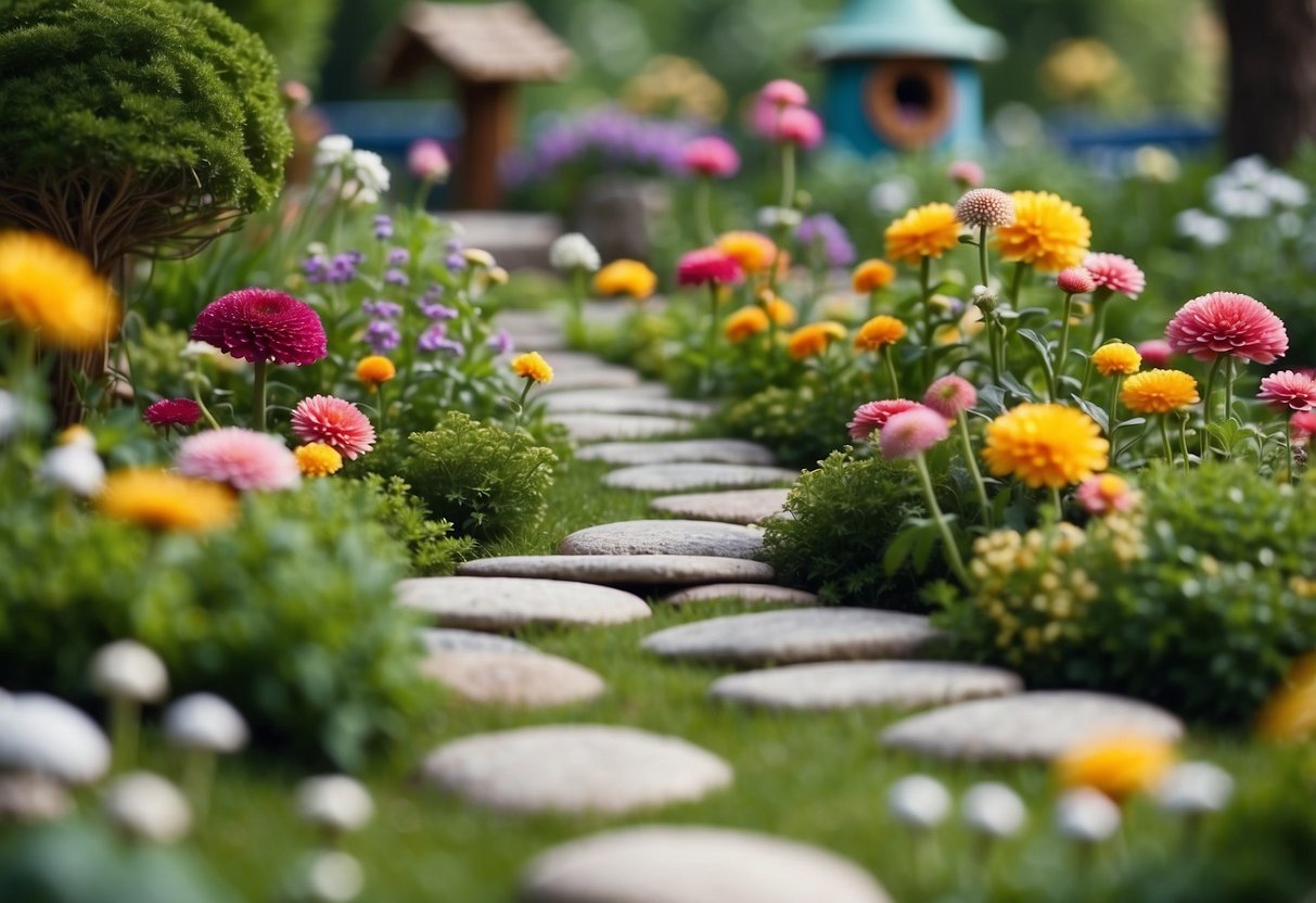 A whimsical garden with stepping stones leading to gnome homes among colorful flowers and lush greenery