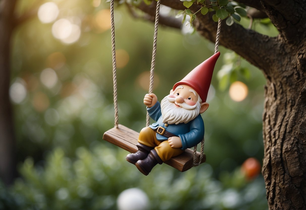 A gnome swings joyfully under a tree in a whimsical garden setting