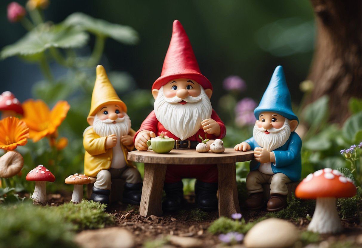 A gnome family enjoys a picnic in a whimsical outdoor garden, surrounded by colorful flowers and towering toadstools