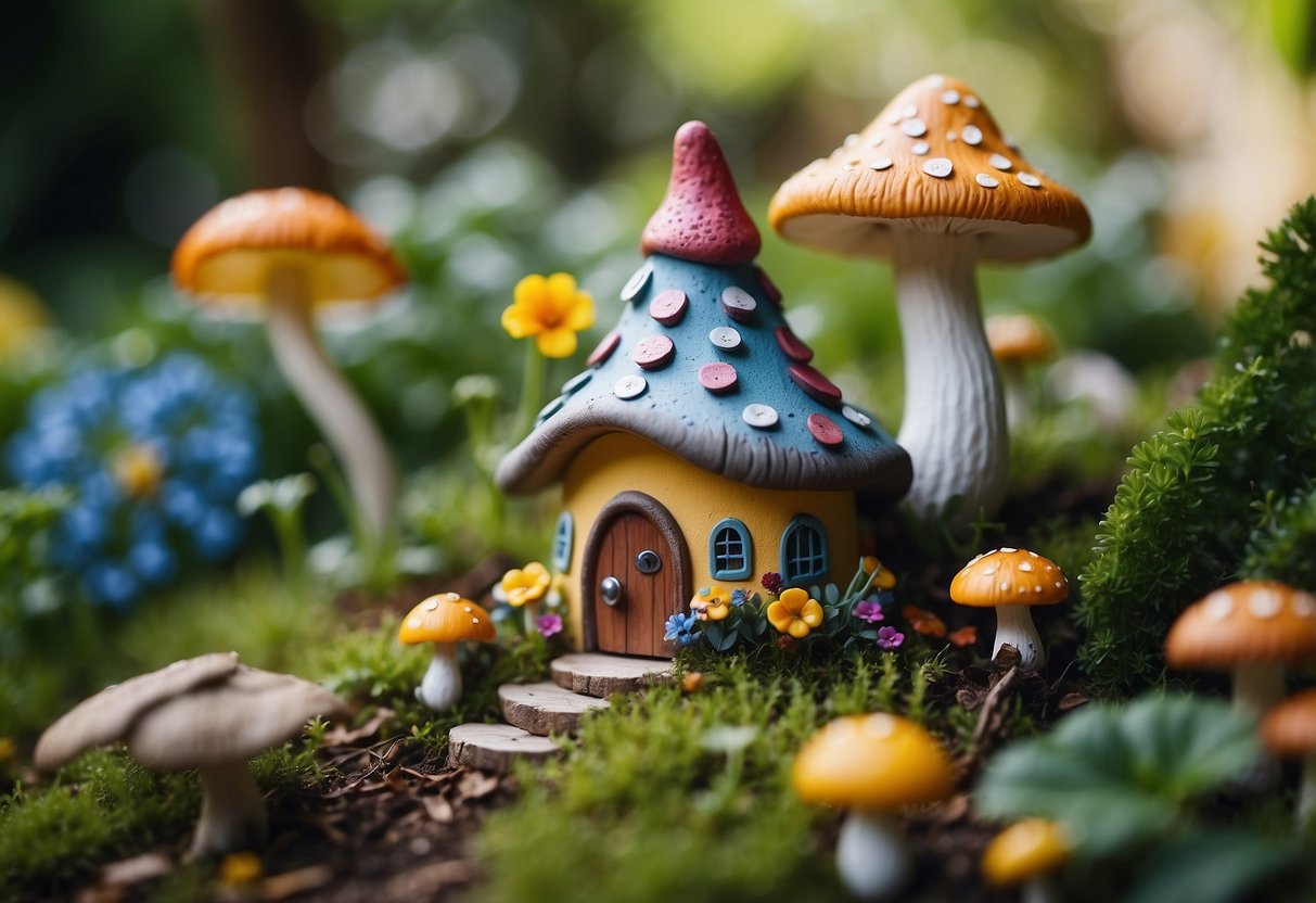 A whimsical gnome house nestled among colorful flowers and mushrooms in a lush outdoor garden