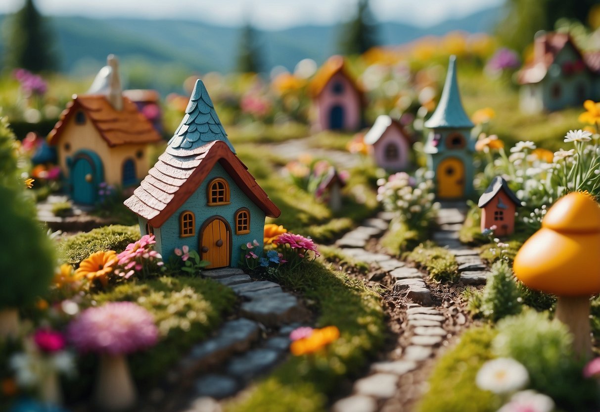 A colorful array of plants and flowers surround a whimsical gnome village, with tiny houses and pathways nestled among the greenery