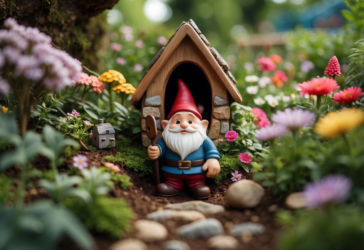 A colorful gnome stands among blooming flowers and lush greenery, adding a whimsical touch to the garden. A pathway lined with decorative stones leads to a cozy seating area, complete with fairy lights and a charming birdhouse