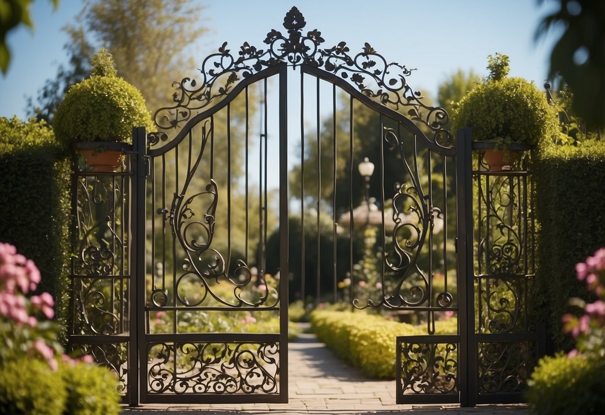 Wrought iron gates stand tall, framing a lush Italian garden. Vines crawl up the intricate design, while colorful flowers spill over the edges